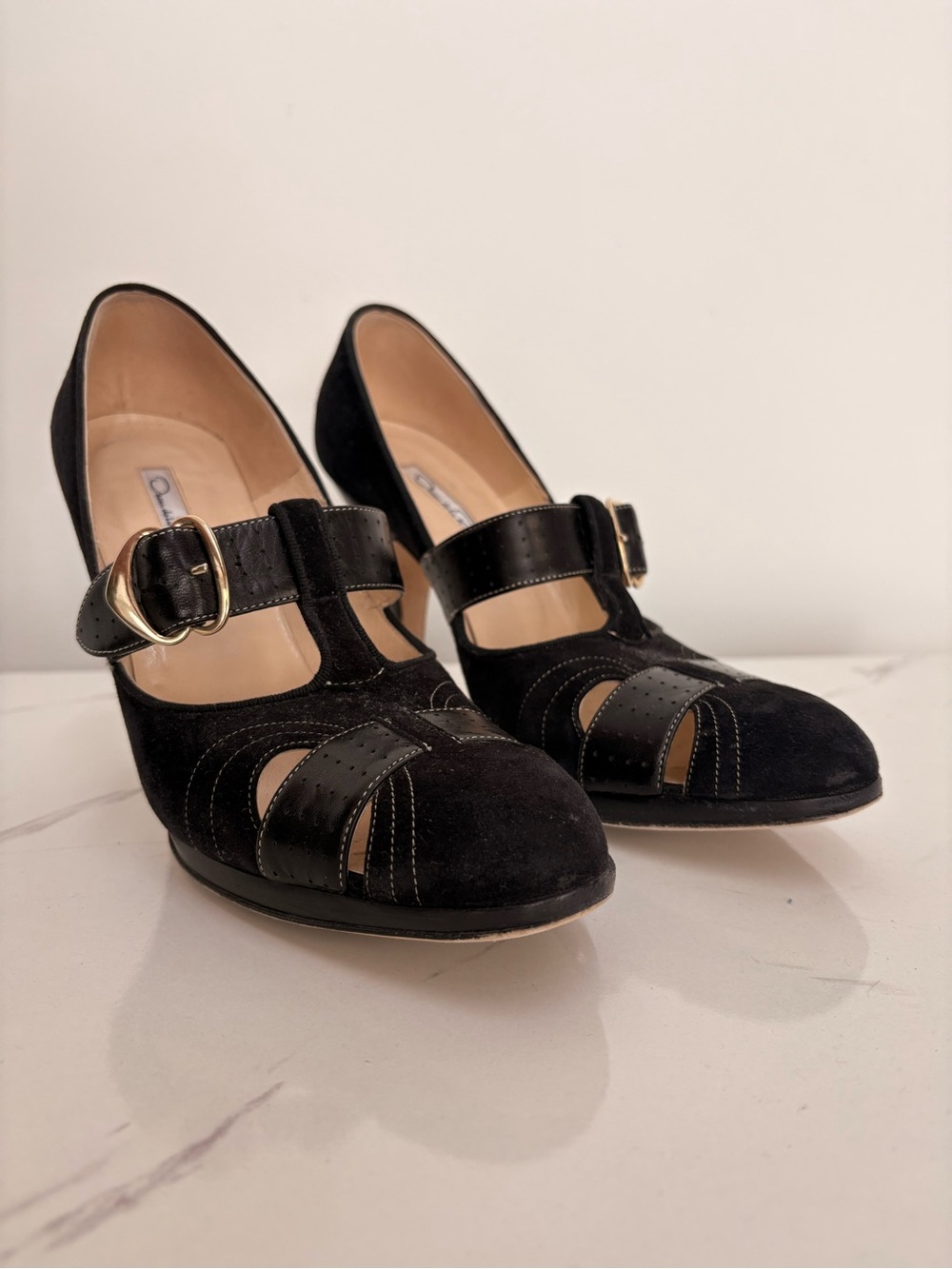 Oscar de la Renta Black Suede Mary Jane Heels with Gold Buckle